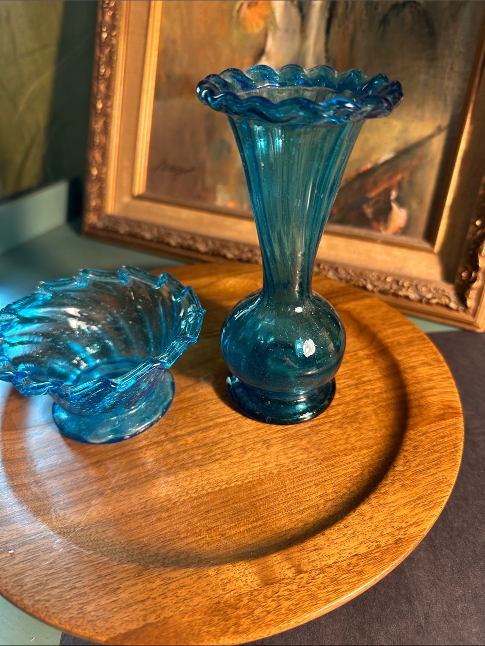 Two piece blue glass blown . Vase and salt cellar .